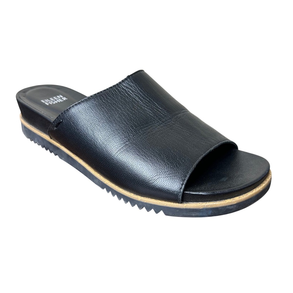 Eileen Fisher Sandals Size‎ 9 Koha Black Tumbled Leather Platform Slide Slip On